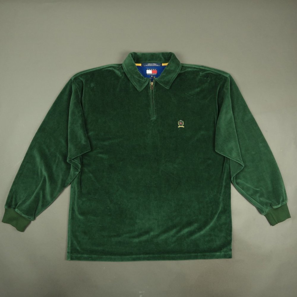 Vintage 1990s Tommy Hilfiger Velour Long Sleeeve Pullover in Green Size XL - Picture 2 of 8